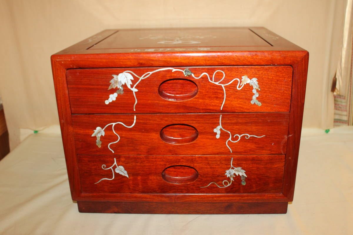 希少 天然木 唐木 本花梨 総無垢 螺鈿 螺鈿細工 葡萄図 3杯 抽斗